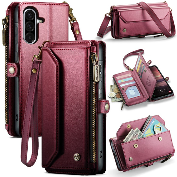 Husă CASEME pentru Samsung Galaxy A56 5G, RFID Leather Wallet, cu curea de umăr, roșu