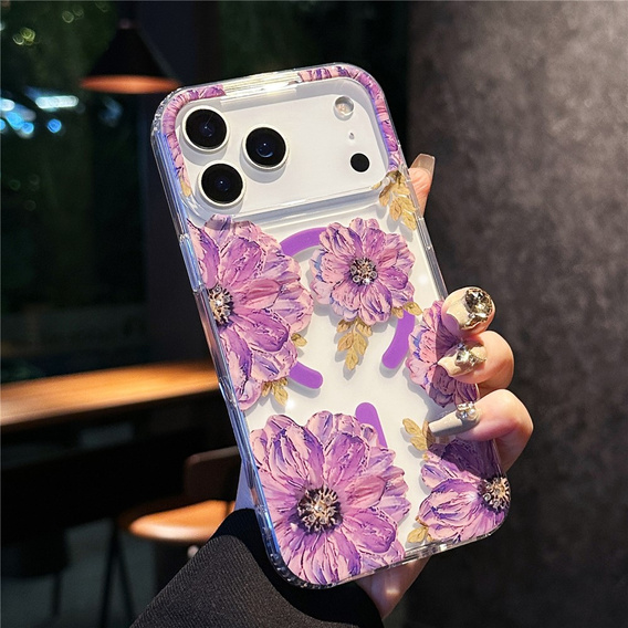 Husă magnetică cu model floral realizat cu laser pentru iPhone 17 Pro Max