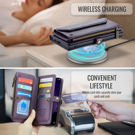 Husă CASEME pentru Samsung Galaxy S25 FE, RFID Leather Wallet, cu curea de umăr, violet