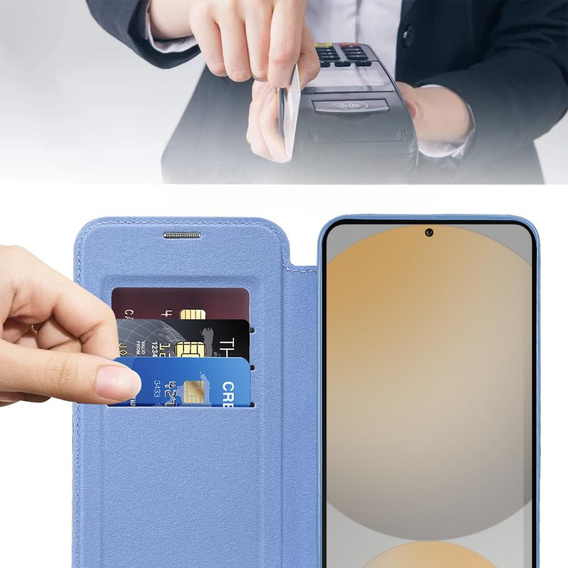 Cu clapetă pentru Samsung Galaxy S25 FE, RFID Wallet MagSafe CamShield, albastru