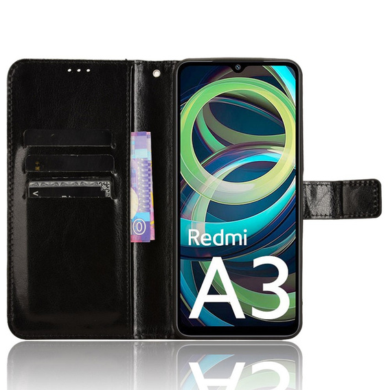 Cu clapetă pentru Xiaomi Redmi A3, Crazy Horse Wallet, negru