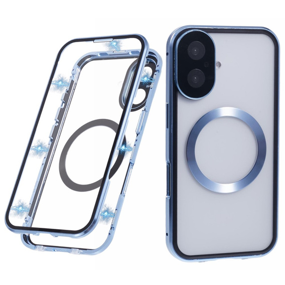Carcasa Magnetic Dual Glass MagSafe pentru iPhone 16, albastru
