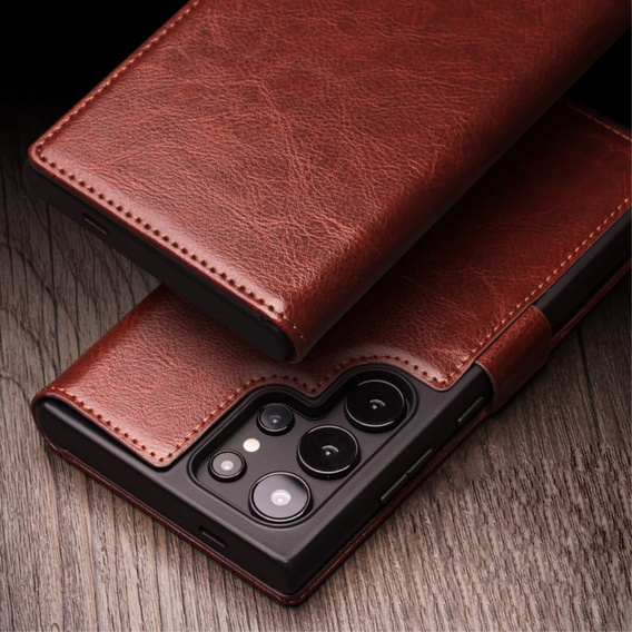 Carcasa flip pentru Samsung Galaxy S25 Ultra, QIALINO Leather Wallet, maro închis