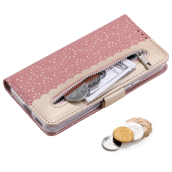 Carcasă cu clapetă pentru Samsung Galaxy S22+ Plus 5G, Wallet Pocket Zipper Lace, roz