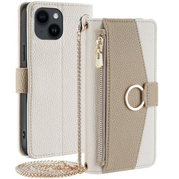 Cu clapetă pentru iPhone 15, Wallet Zipper Pocket, cu oglindă, alb