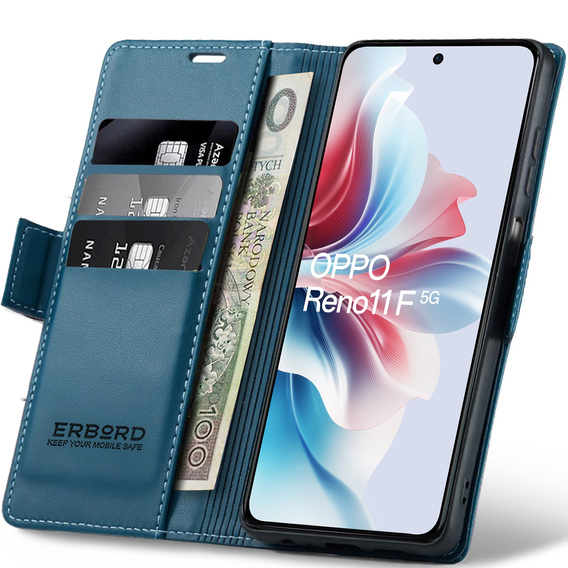 Husă pentru Oppo Reno 11F, ERBORD Glossy Litchi, portofel cu clapetă, albastru
