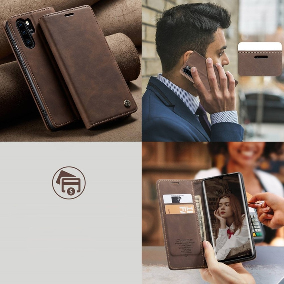 Husa CASEME pentru Huawei P30 Pro, Leather Wallet Case, maro închis