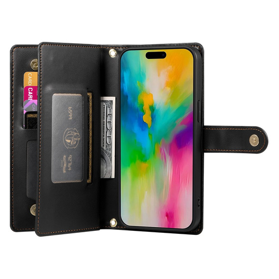 Cu clapetă pentru iPhone 16 Pro, Wallet Zipper Pocket, negru