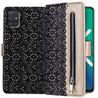 Carcasă cu clapetă pentru Samsung Galaxy A51, Wallet Pocket Zipper Lace, negru