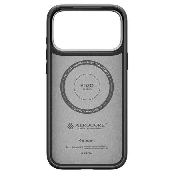 Carcasă Spigen Enzo Aramid MagSafe pentru iPhone 17 Pro, negru carbon / argintiu
