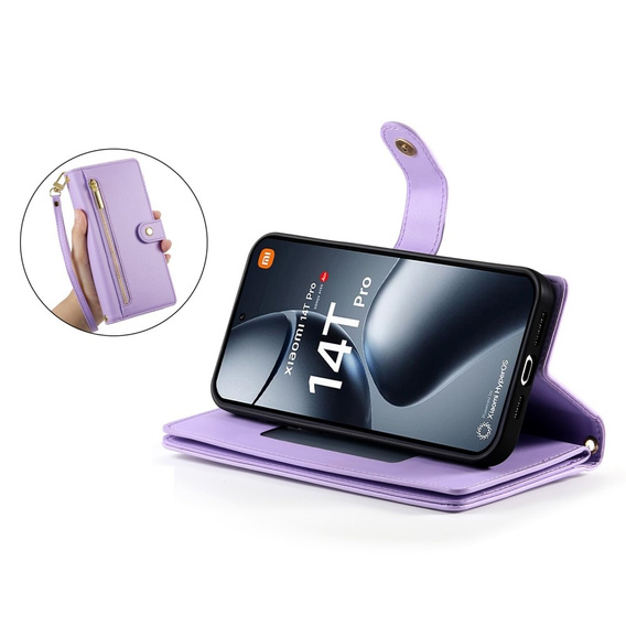 Cu clapetă pentru Xiaomi 14T Pro, Wallet Zipper Pocket, violet