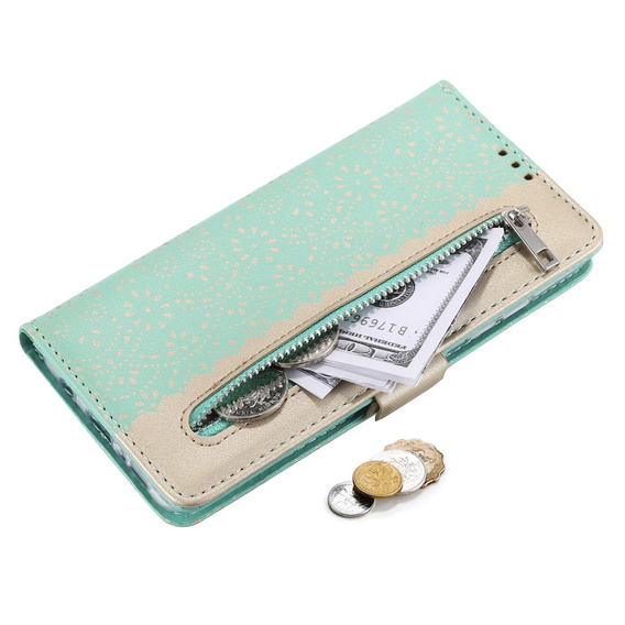 Carcasă cu clapetă pentru Samsung Galaxy A53 5G, Wallet Pocket Zipper Lace, verde
