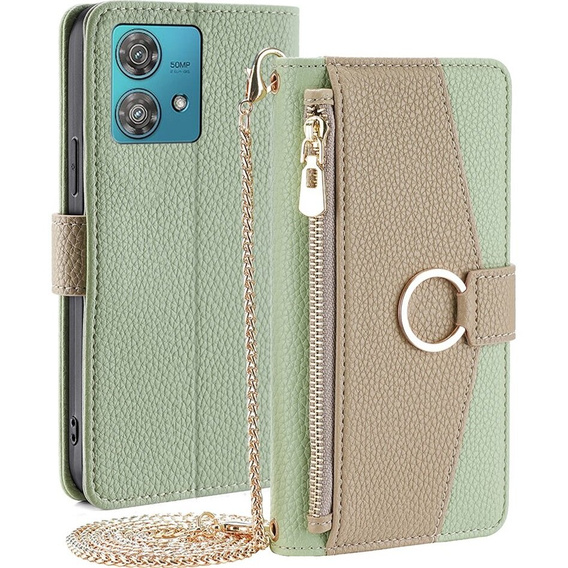 Carcasă flip pentru Motorola Edge 40 Neo 5G, Wallet Zipper Pocket, cu oglindă, verde