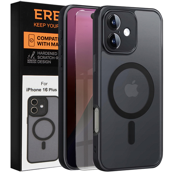 Husă pentru iPhone 16 Plus, pentru MagSafe, ERBORD Matt Case, negru + sticlă pentru ecran