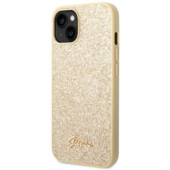 GUESS Huse pentru iPhone 14 Plus, Glitter Script Hardcase, de aur