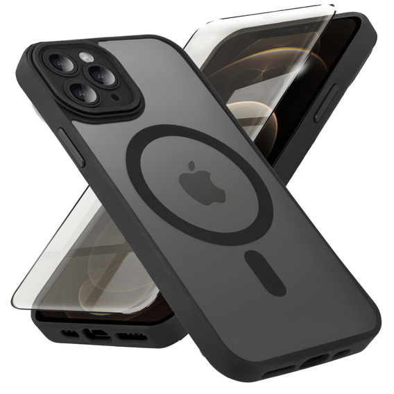 Husă pentru iPhone 12 Pro, pentru MagSafe, ERBORD Matt Case, negru + sticlă pentru ecran