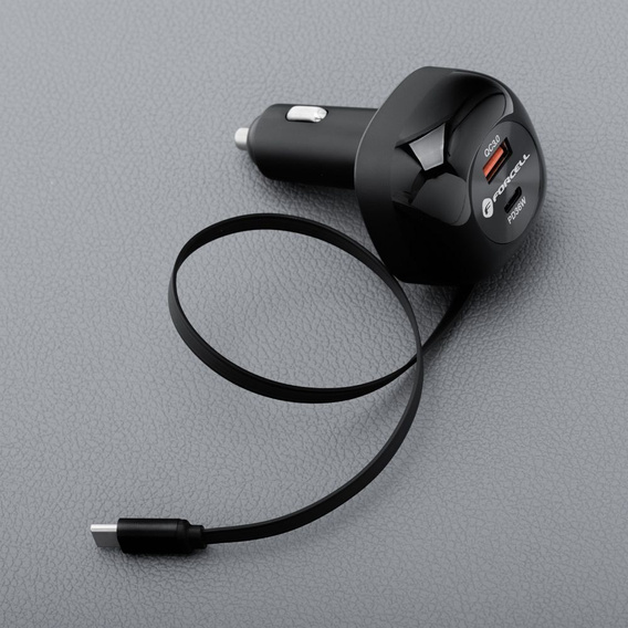 Încărcător auto Forcell F-Energy Alu cu cablu USB-C retractabil, 75 W