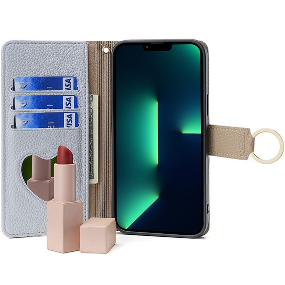 Carcasă flip pentru iPhone 15 Pro, Wallet Zipper Pocket, cu oglindă, albastru