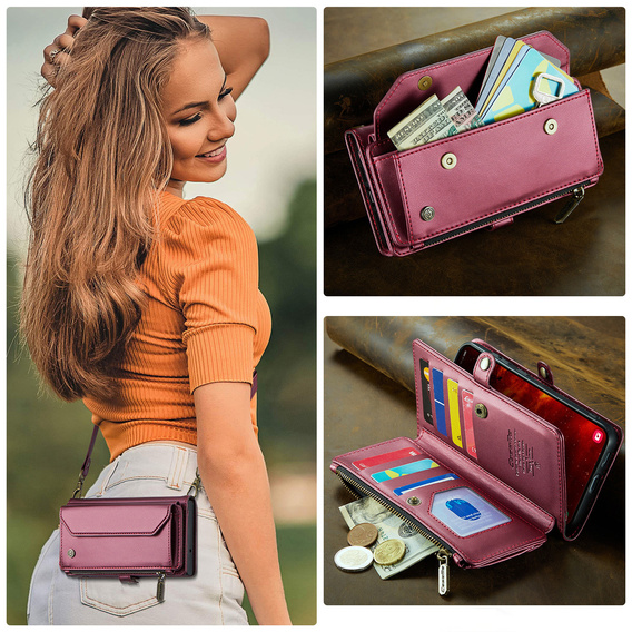 Husă CASEME pentru Samsung Galaxy S25 FE, RFID Leather Wallet, cu curea de umăr, roșu