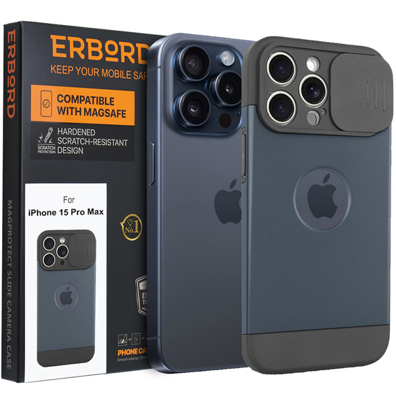 Huse pentru iPhone 15 Pro Max, ERBORD MagProtect Slide Camera, albastru titan