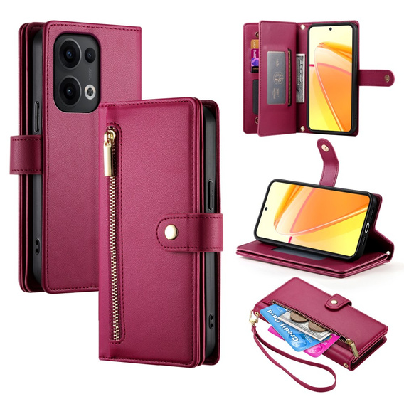 Cu clapetă pentru Oppo Reno 13 Pro 5G, Wallet Zipper Pocket, roșu