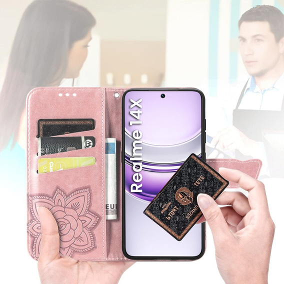Cu clapetă pentru Realme 14X / Realme C75, Butterfly, roz rose gold