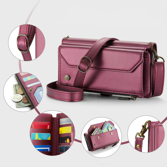 Husă CASEME pentru Samsung Galaxy S25 FE, RFID Leather Wallet, cu curea de umăr, roșu