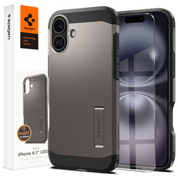 Carcasa Spigen pentru iPhone 16, Tough Armor Mag MagSafe, gri + 9H Tempered Glass