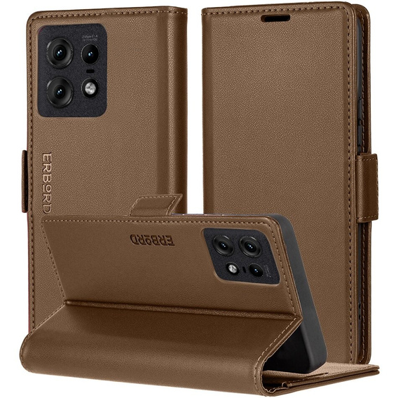 Husă pentru Motorola Edge 50 Pro, ERBORD Glossy Litchi, portofel cu clapetă, maro