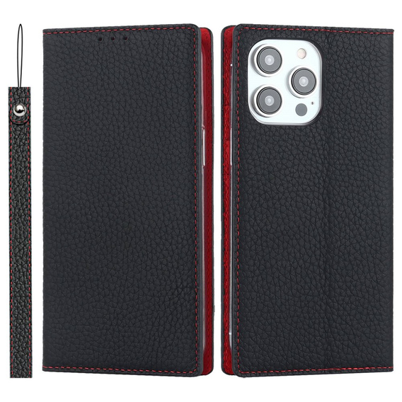 Cu clapetă pentru iPhone 14 Pro Max, Litchi Skin Grain, negru