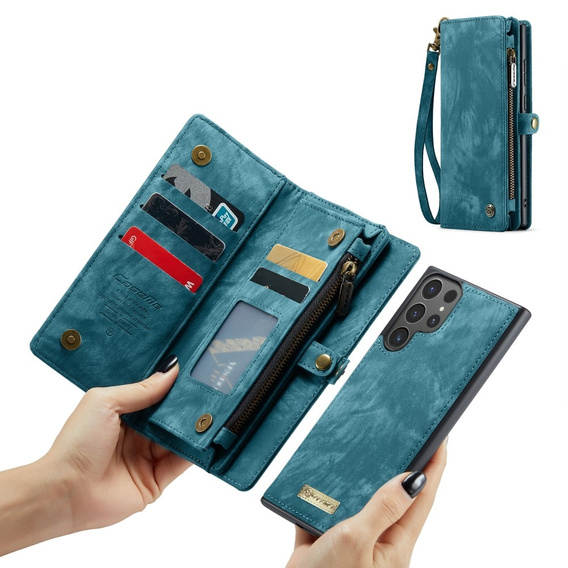 Husă CASEME pentru Samsung Galaxy S25 Ultra, Retro Leather Wallet, cu curea de umăr, verde