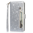 Cu clapetă pentru Samsung Galaxy A35 5G, Wallet Zipper Pocket Glittery, de argint