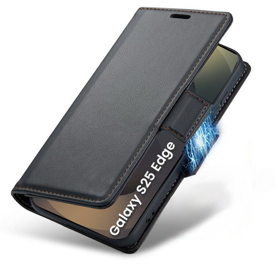 Husă pentru Samsung Galaxy S25 Edge, ERBORD Glossy Litchi, portofel cu clapetă, negru