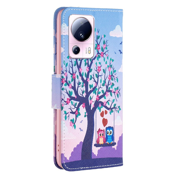 Cu clapetă pentru Xiaomi 13 Lite, Wallet, tree & owls, albastru
