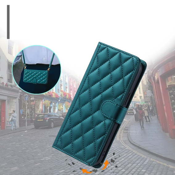 Husă cu clapetă pentru Samsung Galaxy S24 FE, Rhombus Crossbody Leather, verde închis