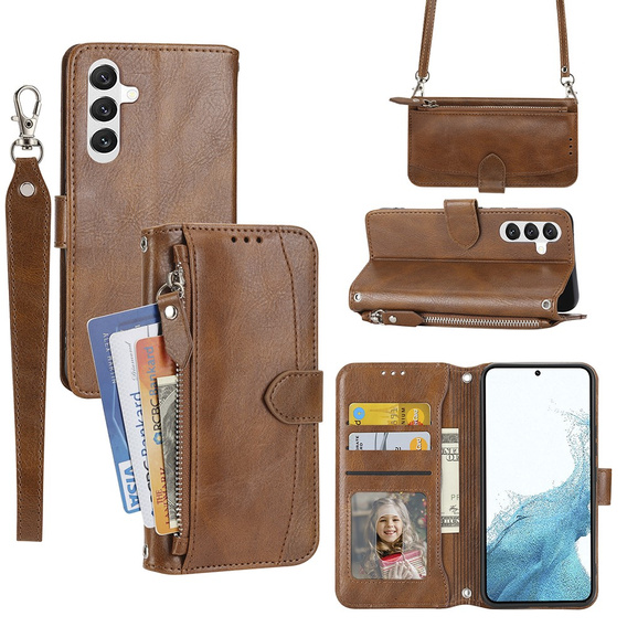 Cu clapetă pentru Samsung Galaxy A54 5G, Wallet Zipper Pocket, cu curea de umăr, maro