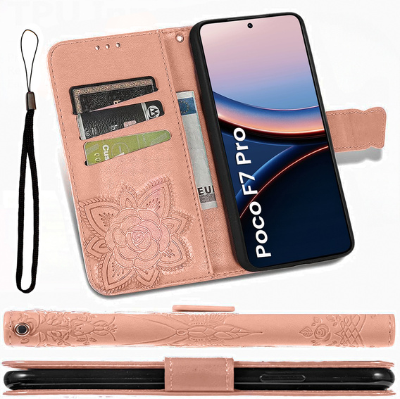 Cu clapetă pentru Xiaomi Poco F7 Pro, Butterfly, roz rose gold