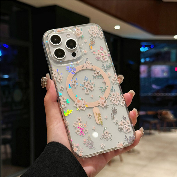 Husă magnetică cu model floral realizat cu laser pentru iPhone 16 Pro