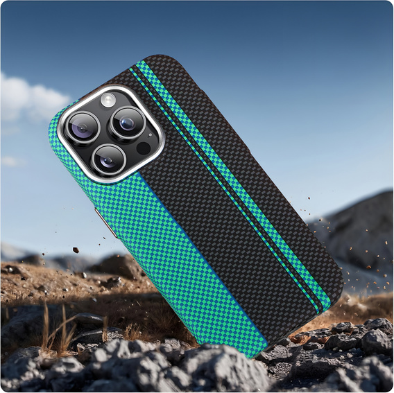 Carcasa pentru iPhone 15 Pro Max, Carbon Fiber MagSafe, negru / albastru