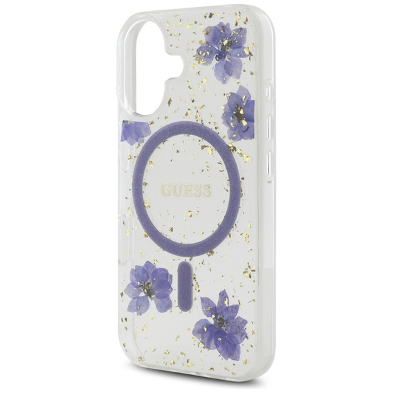 Husă GUESS HC MagSafe din rășină cu flori și sclipici pentru iPhone 16