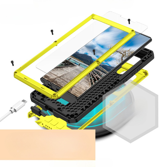 Husă blindată pentru Samsung Galaxy S22 Ultra, R-JUST CamShield Slide, galben
