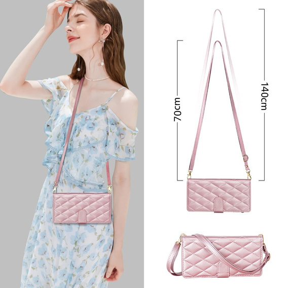Husă cu clapetă pentru Samsung Galaxy S25 Edge, Rhombus Crossbody Leather, roz rose gold