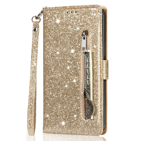 Cu clapetă pentru Samsung Galaxy A35 5G, Wallet Zipper Pocket Glittery, de aur