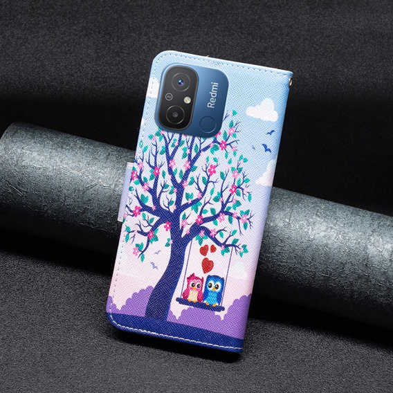 Cu clapetă pentru Xiaomi Redmi 12C, Wallet, tree & owls, albastru