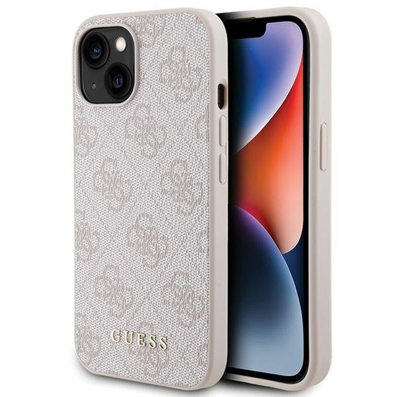 GUESS Huse pentru iPhone 15, 4G Metal Gold Logo, roz