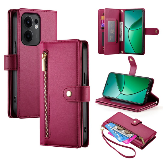 Cu clapetă pentru Oppo Reno 13F 5G, Wallet Zipper Pocket, roșu