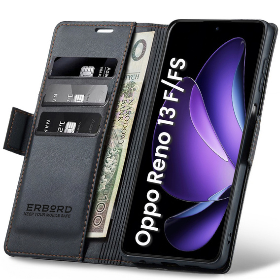 Husă pentru Oppo Reno 13F / Oppo Reno 13FS, ERBORD Glossy Litchi, portofel cu clapetă, negru