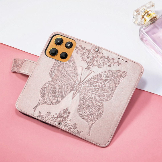Cu clapetă pentru Motorola Moto G15 / Motorola Moto G15 Power, Butterfly, roz rose gold
