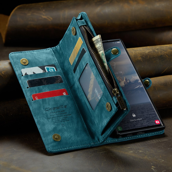 Husă CASEME pentru Samsung Galaxy S25 Ultra, Retro Leather Wallet, cu curea de umăr, verde