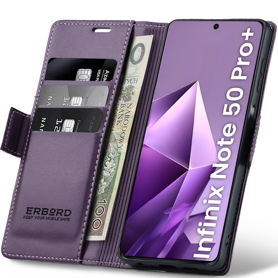 Husă pentru Infinix Note 50 Pro+, ERBORD Glossy Litchi, portofel cu clapetă, violet